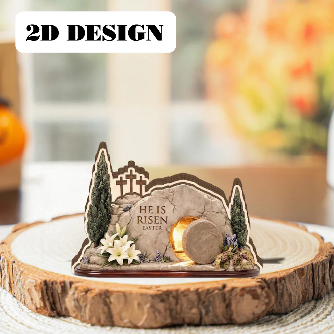 He Is Risen Empty Tomb flat 2D Wooden Block, Resurrection Scene, Religious Easter Gift