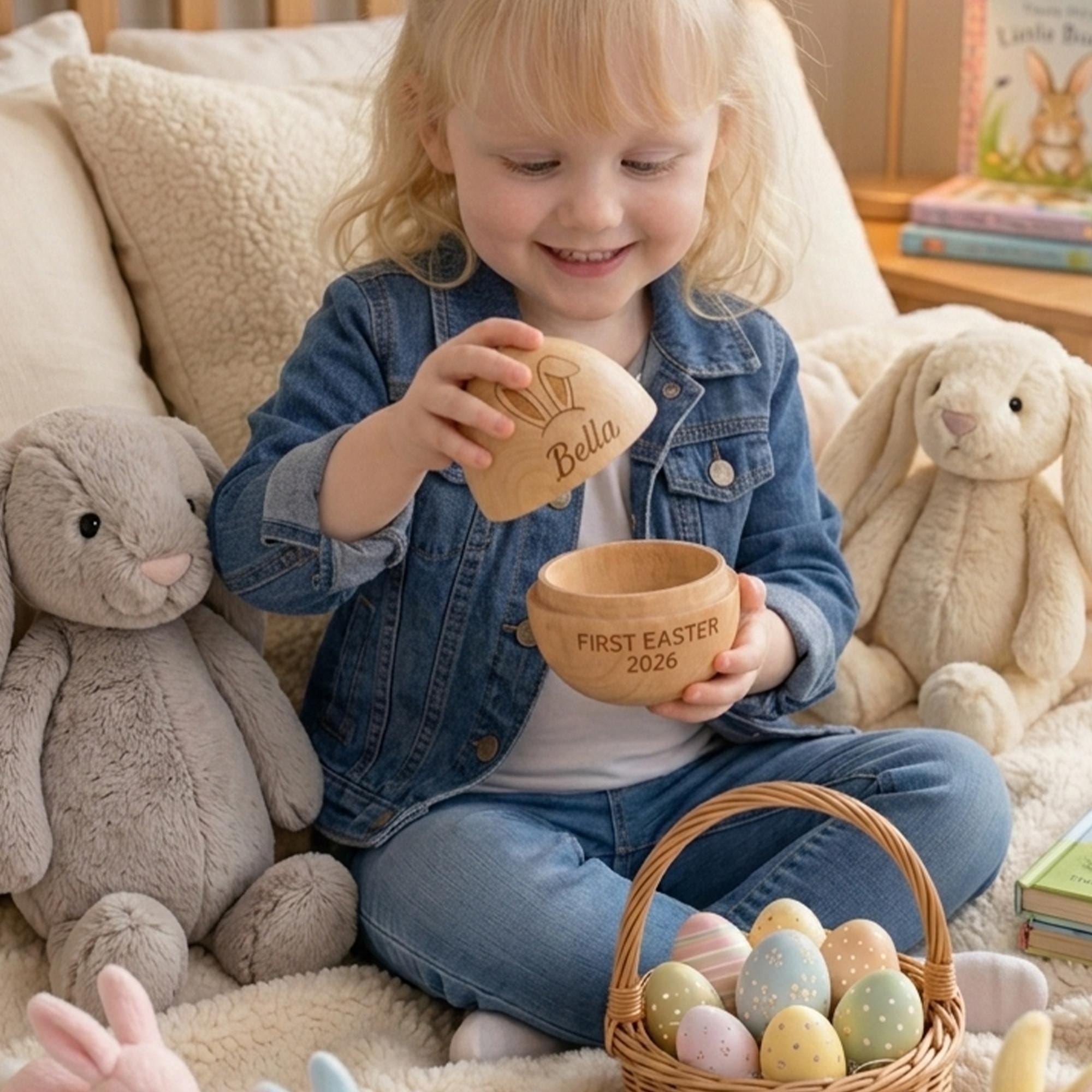 Personalized Wooden Easter Egg - Custom Name & Year, Baby Girl Easter Gift, Modern Keepsake Basket for Kids