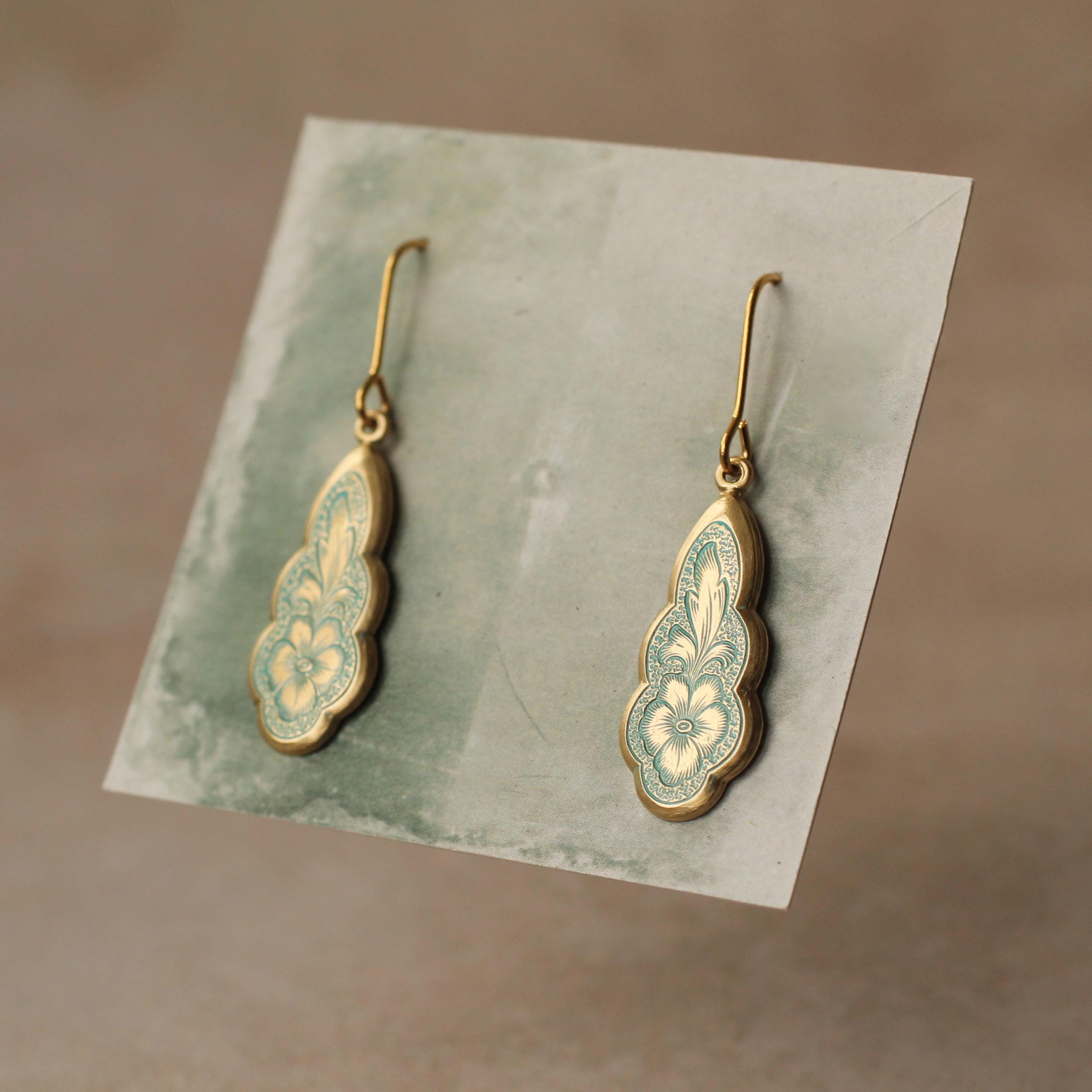 Victorian Turquoise Floral Drop Earrings: Art Nouveau Forget Me Not Jewelry