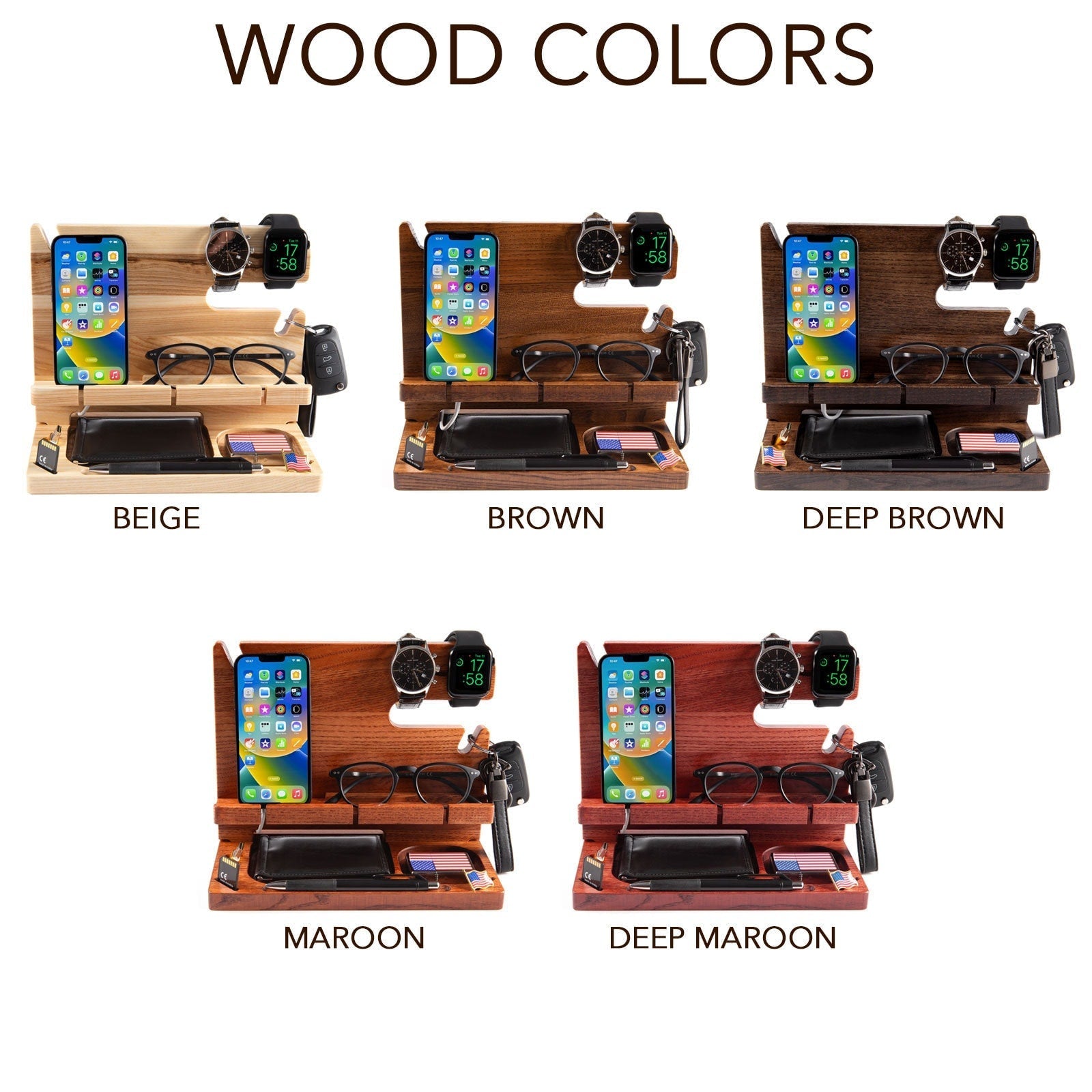 Wood Personalized Docking Station for Cell Phone, Tablet, Wallet, Gadgets, Watch, Keys, Accessories, Desk Organizer, Gifts for Men (Moroon)