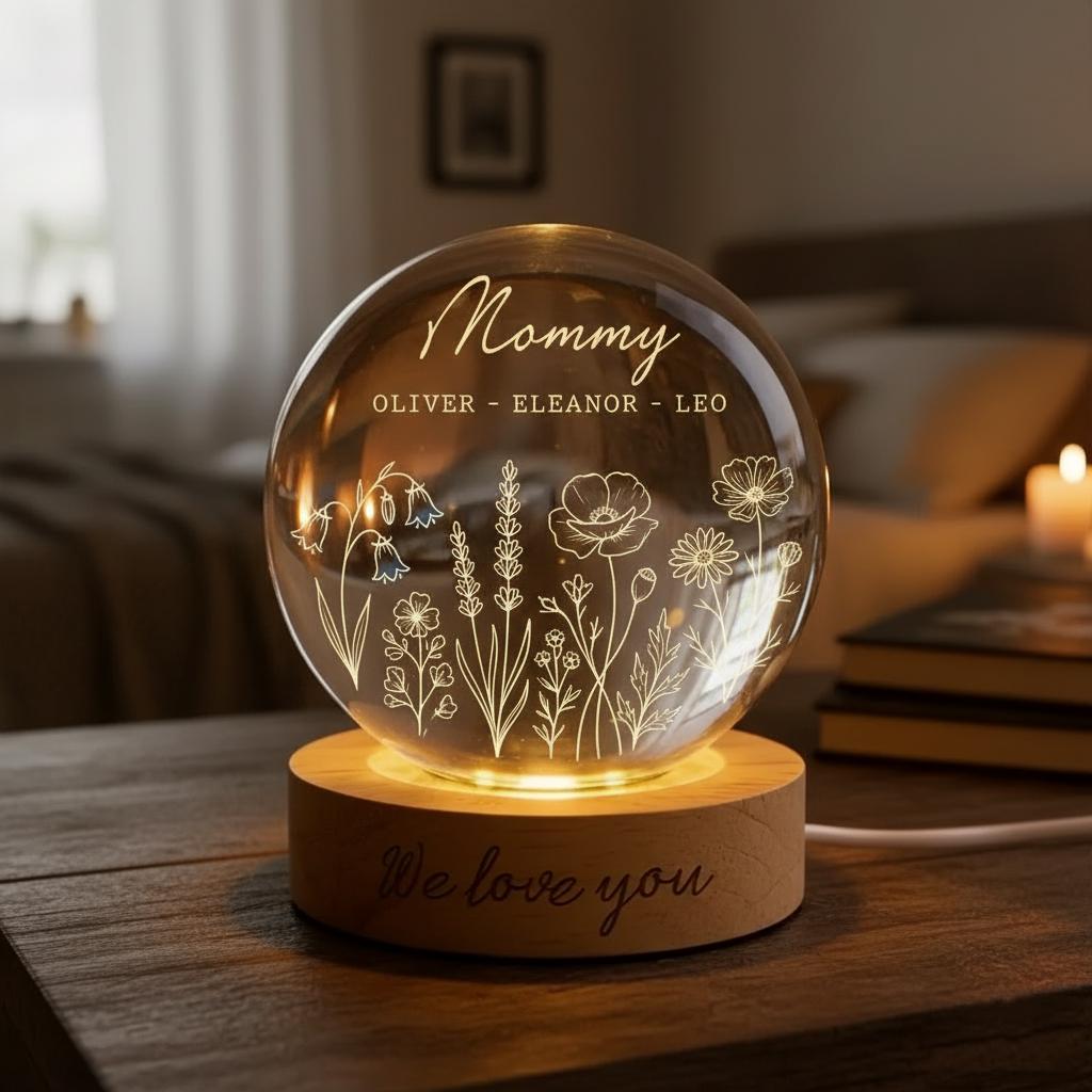 Personalized Wildflower Crystal LED Ball – Mom & Grandma Night Light