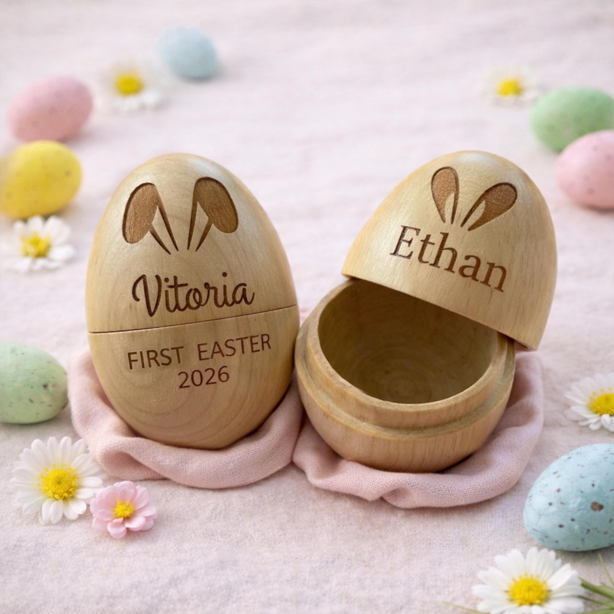 Personalized Wooden Easter Egg - Custom Name & Year, Baby Girl Easter Gift, Modern Keepsake Basket for Kids
