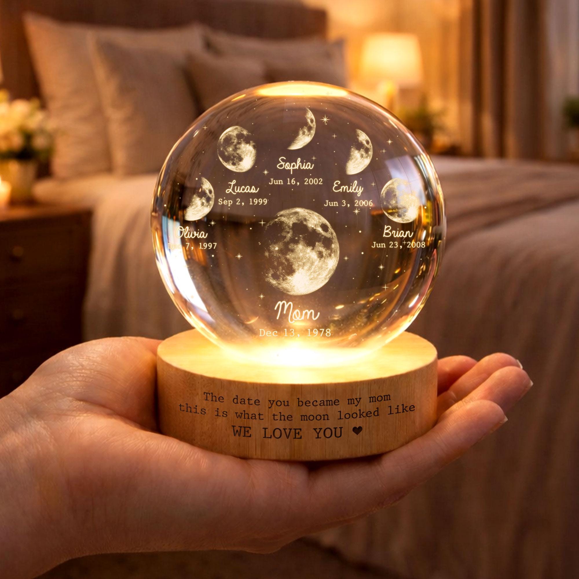 Personalized Moon Phase Crystal Ball LED Night Light – Mother's Day Gift