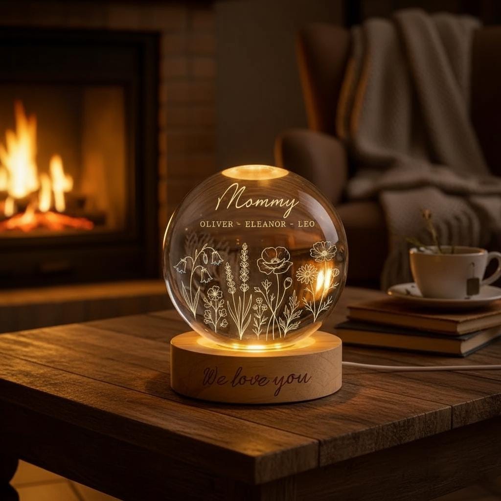 Personalized Wildflower Crystal LED Ball – Mom & Grandma Night Light