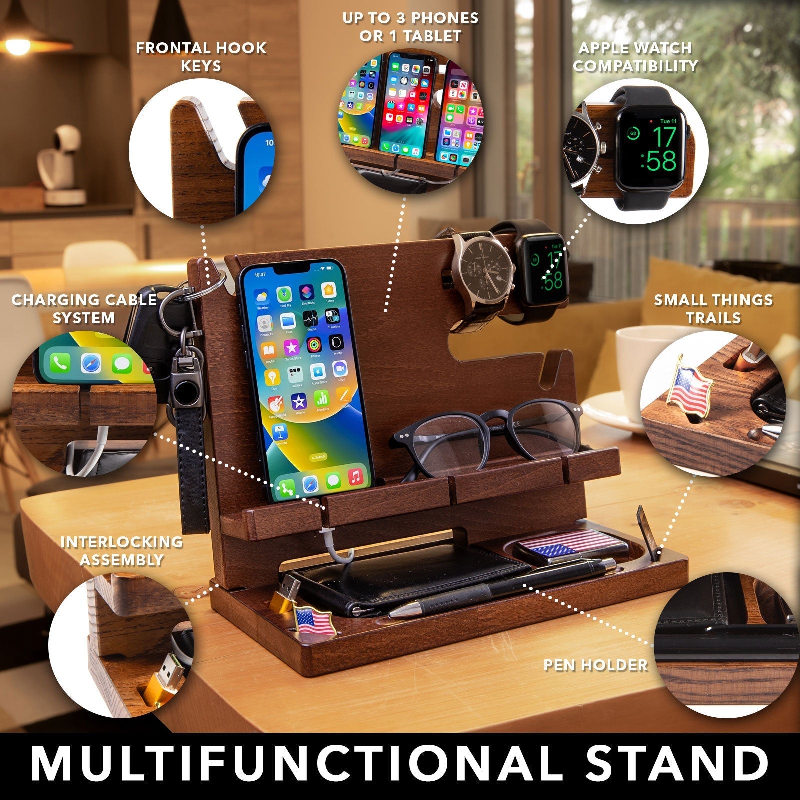 Wood Personalized Docking Station for Cell Phone, Tablet, Wallet, Gadgets, Watch, Keys, Accessories, Desk Organizer, Gifts for Men (Moroon)