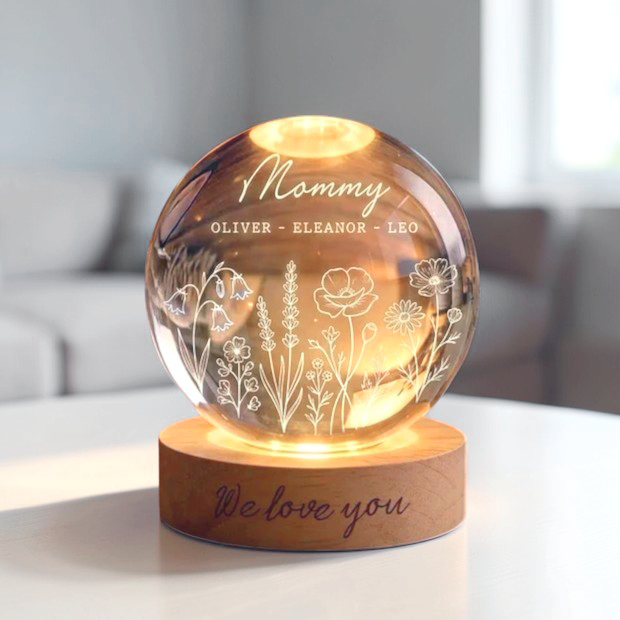 Personalized Wildflower Crystal LED Ball – Mom & Grandma Night Light