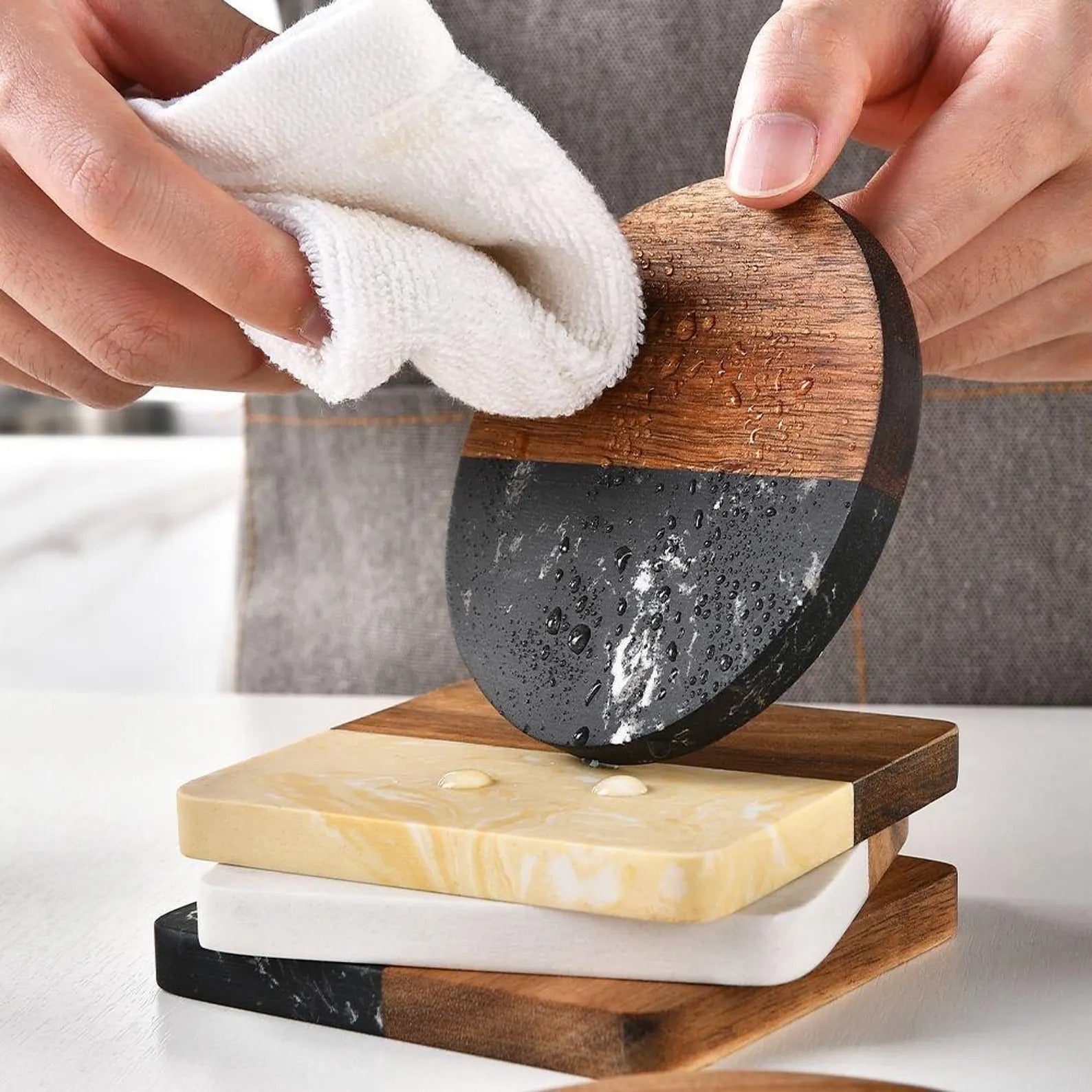 Marble and Wood Coasters Personalized Housewarming Gift, Realtor Closing Gift, Custom Coasters Set With Holder, Wedding Gift for Couple