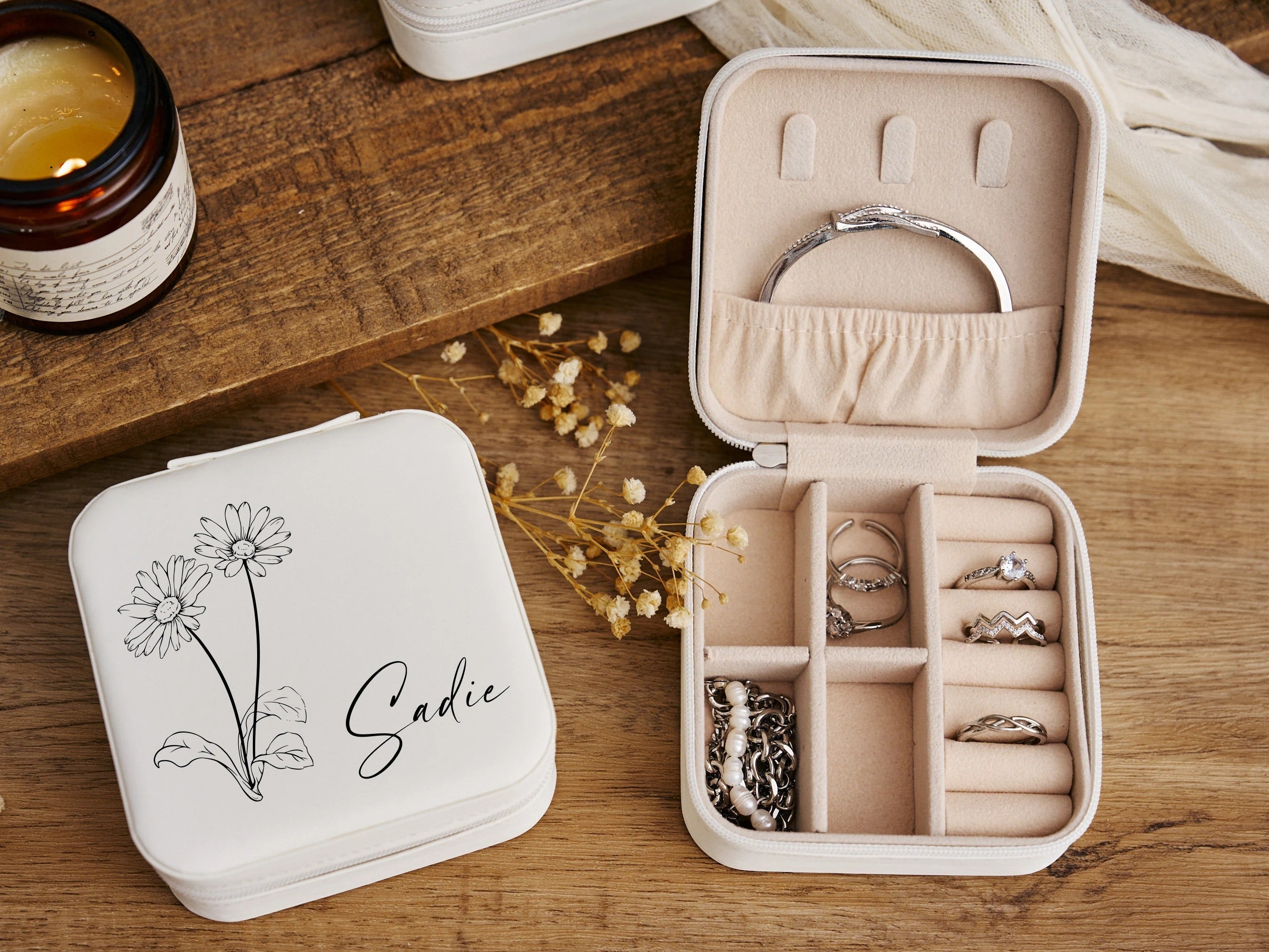 Personalized travel jewelry box, small square earring organizer, bridesmaid gifts box for sister, friend