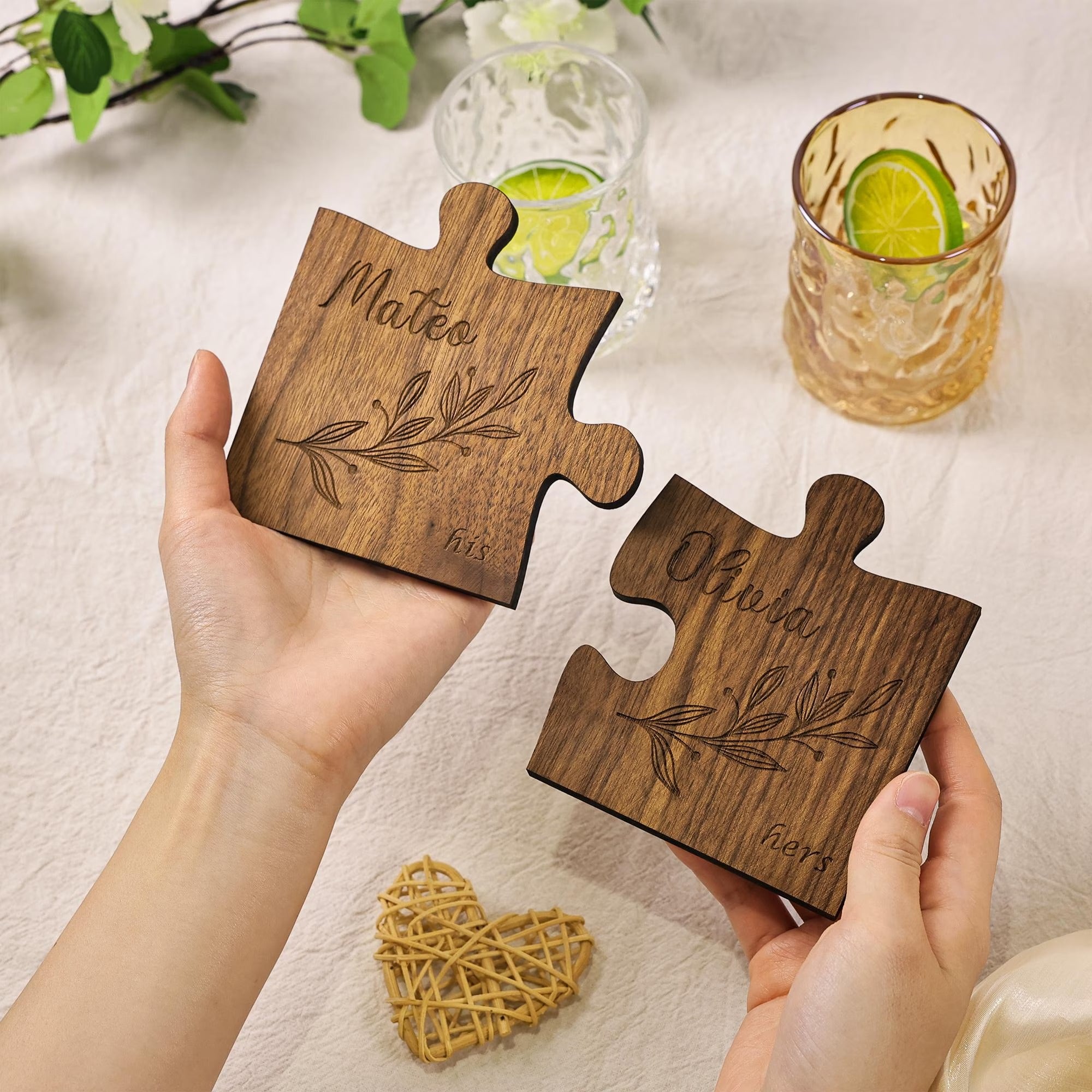 Custom Couples Coaster Set, Leaf Design, Personalised Couples Coaster, Set of 2, His Her Coasters, Anniversary Wedding Gift, Mr Mrs Gift