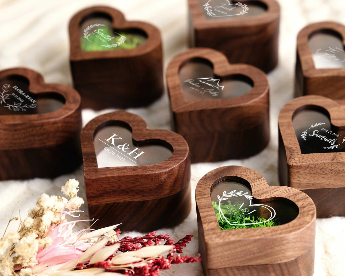 Personalized Wood Ring Box with Acrylic Lid, Engraved Engagement Ring Holder, Heart Ring Bearer Box for Anniversary, Custom Wedding Keepsake