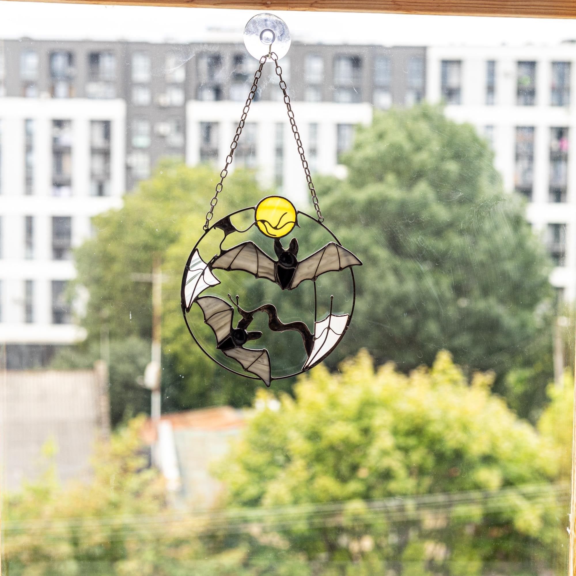 Gothic Suncatcher Bat Moon Halloween Stain Glass ORIGINAL Horror Picture Home Decor Spooky Window Wall Hanging Dark Cling Witch gift